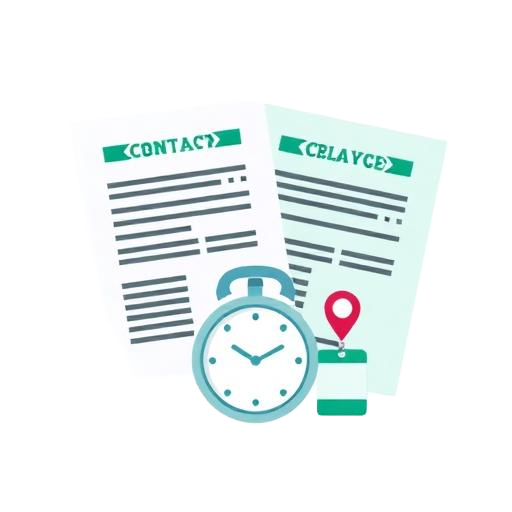 Contract and permanent employment documents beside a clock