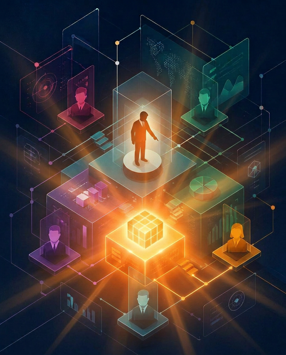Isometric graphic of a figure turning to point at a highlighted ERP module, representing structured ERP supplier and solution selection